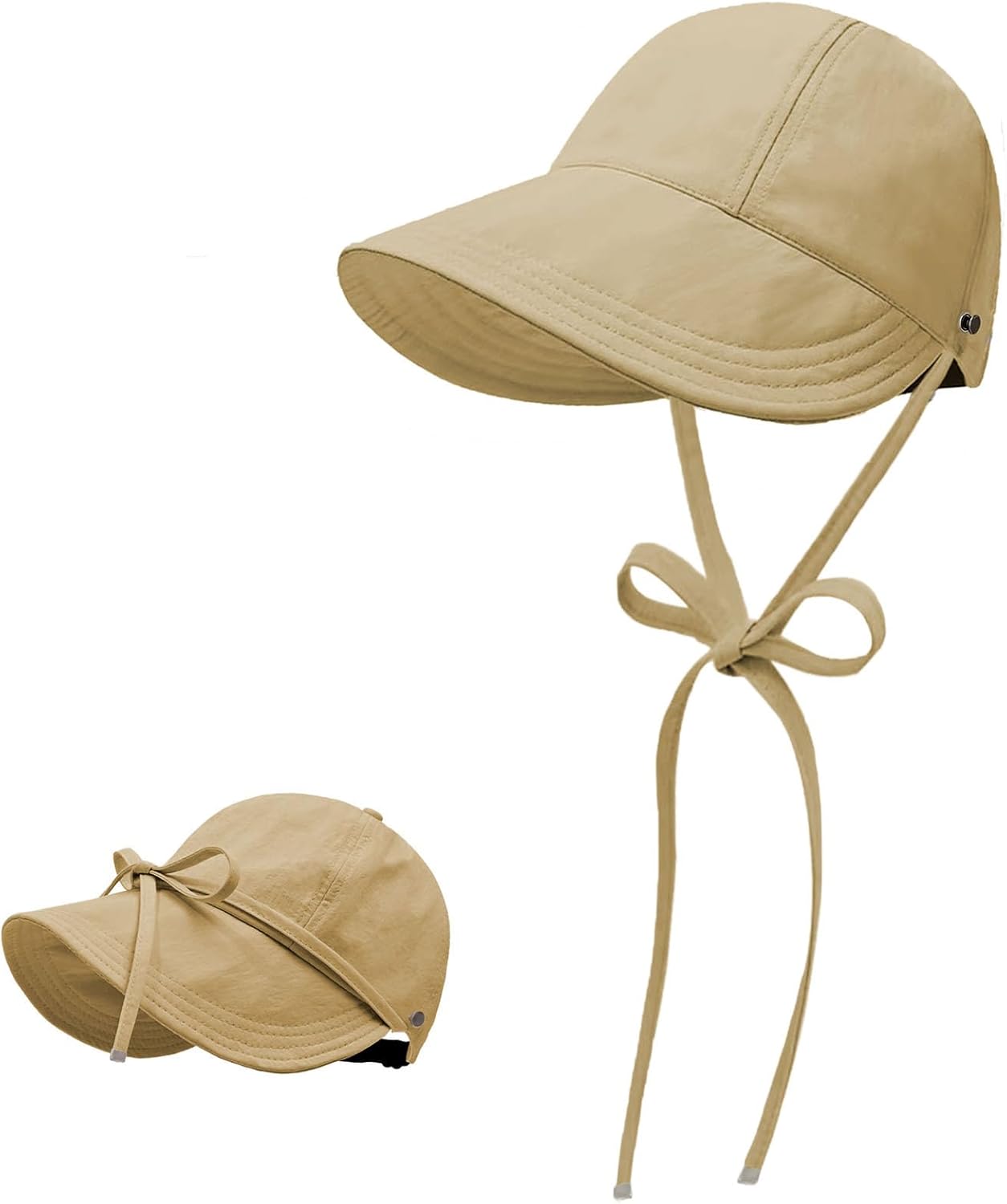 Women Foldable Baseball - Style Sun Hat with Wide Brim - Bow - Tied Wind - Resistant Cord, Adjustable Fastener for Ponytail