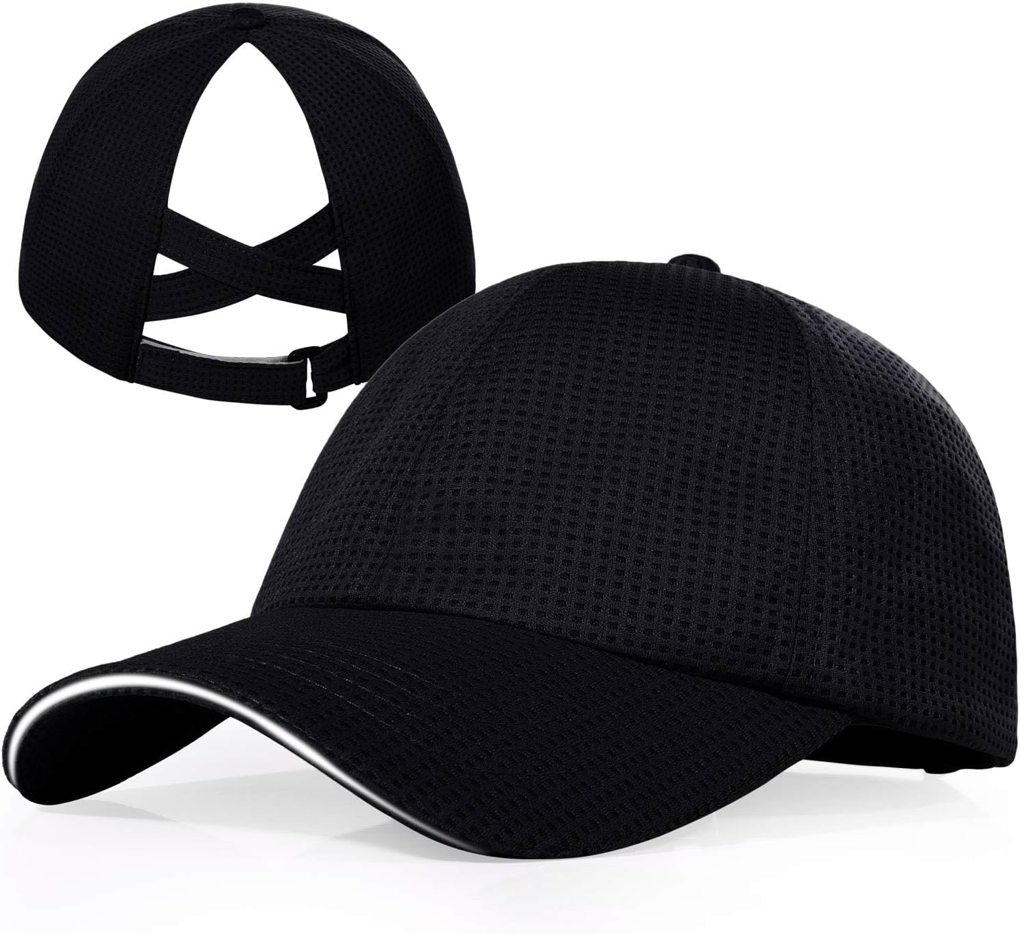 Criss Cross High Ponytail Baseball Cap for Women Lightweight Mesh Running Hat with Reflective Trim, Adjustable Fit for Sports