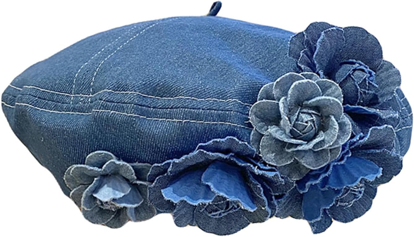 Denim Beret Hat Painter Hat for Women French Hat Artist Hat Casual Sun Hat with Adjustable Strap, Medium, Blue