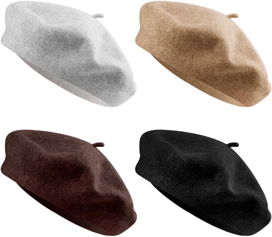 4 Pieces Beret Hat French Style Beanie Hats Fashion Ladies Beret Caps Outdoor Hat, Black, Brown, Gray and Khaki
